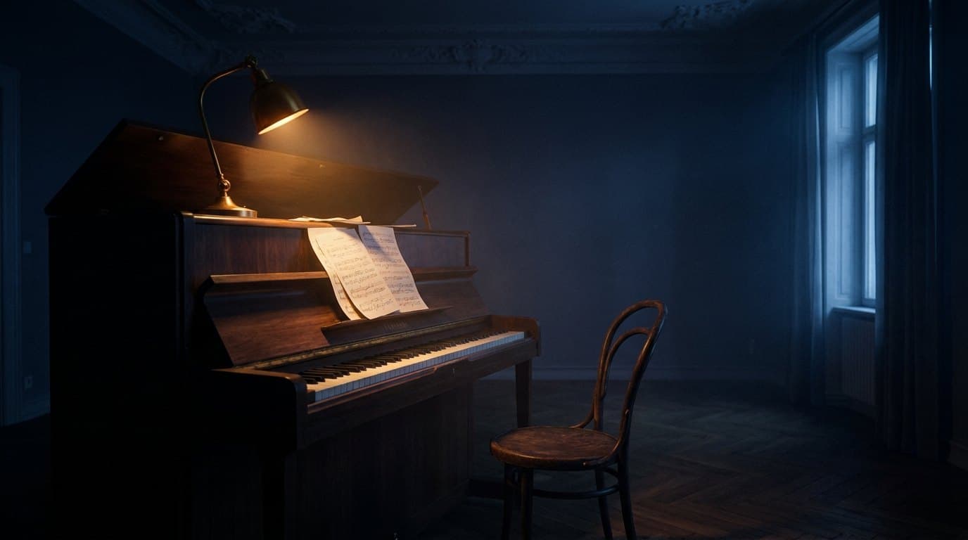 Klavier mit Notenblatt in einem dunklen Kölner Altbauzimmer, beleuchtet von einer einzelnen warmen Lampe