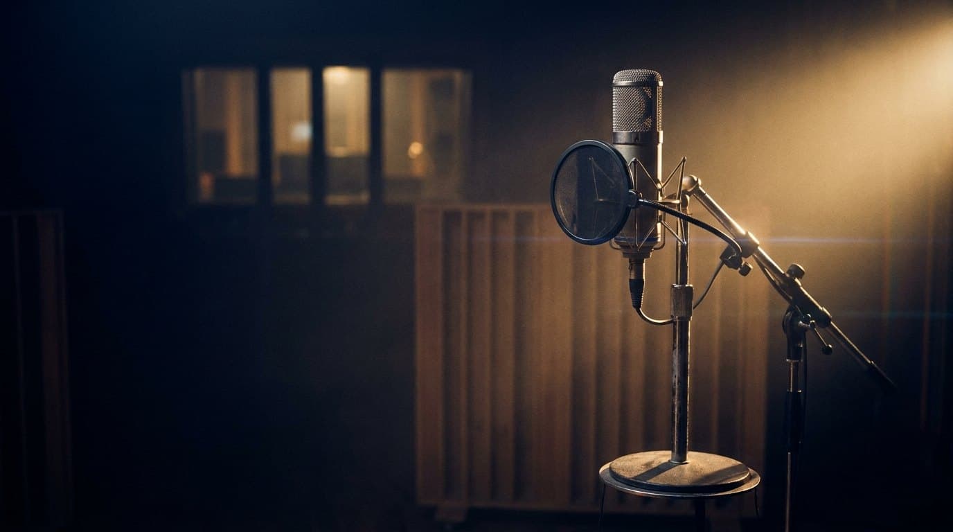 Grossmembran-Mikrofon in einem dunklen Studio, angeschnitten von einem warmen goldenen Licht